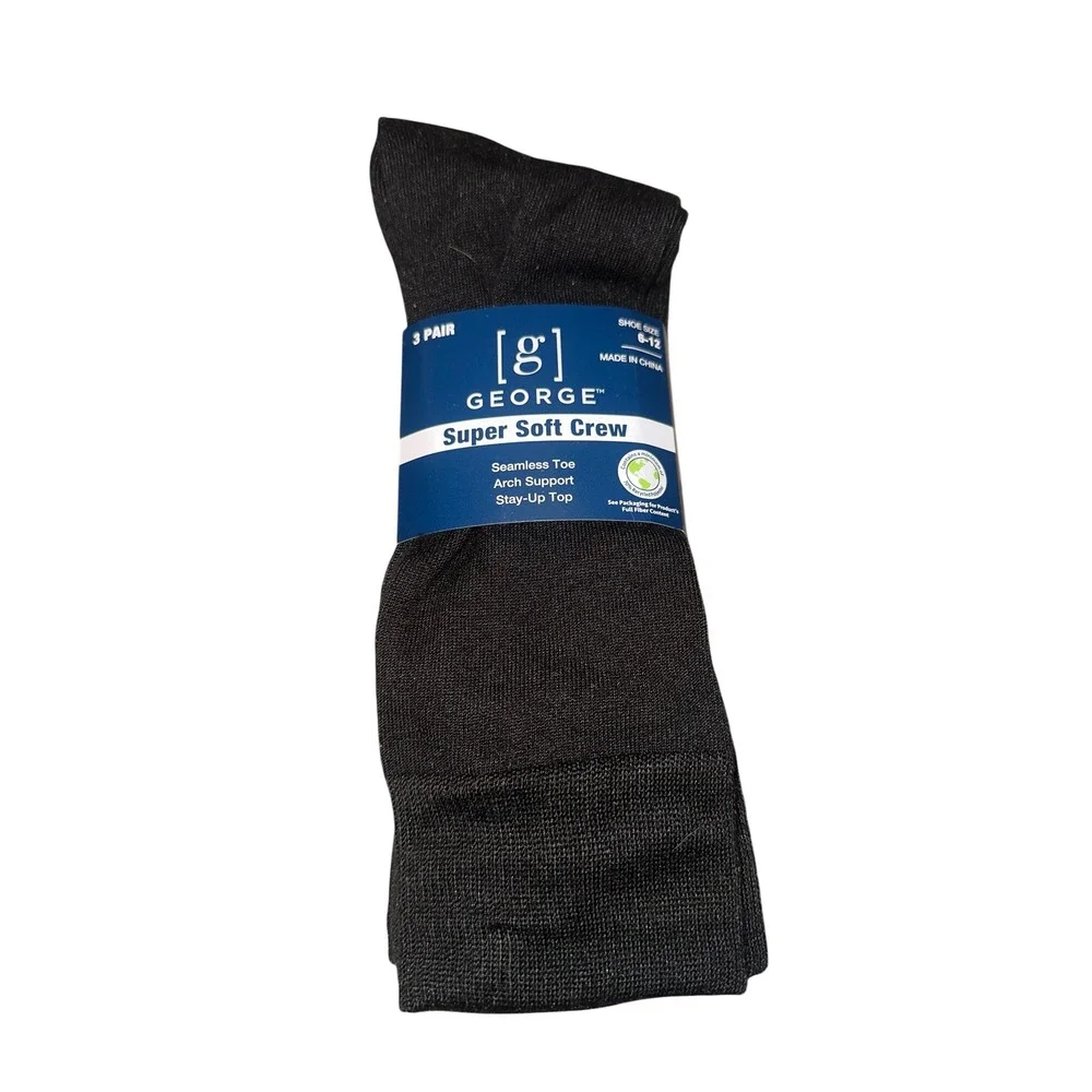 NWT George Mens Super Soft Crew Socks 3 Pair Pack Size 6-12 Seamless‎ Toe